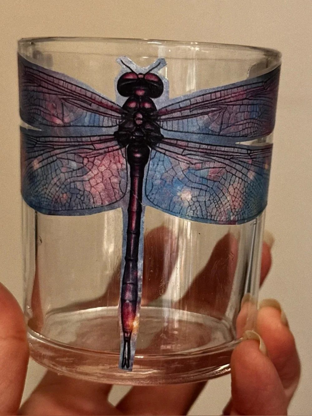 Hand crafted dragonfly floating hanging shelf with glass cup